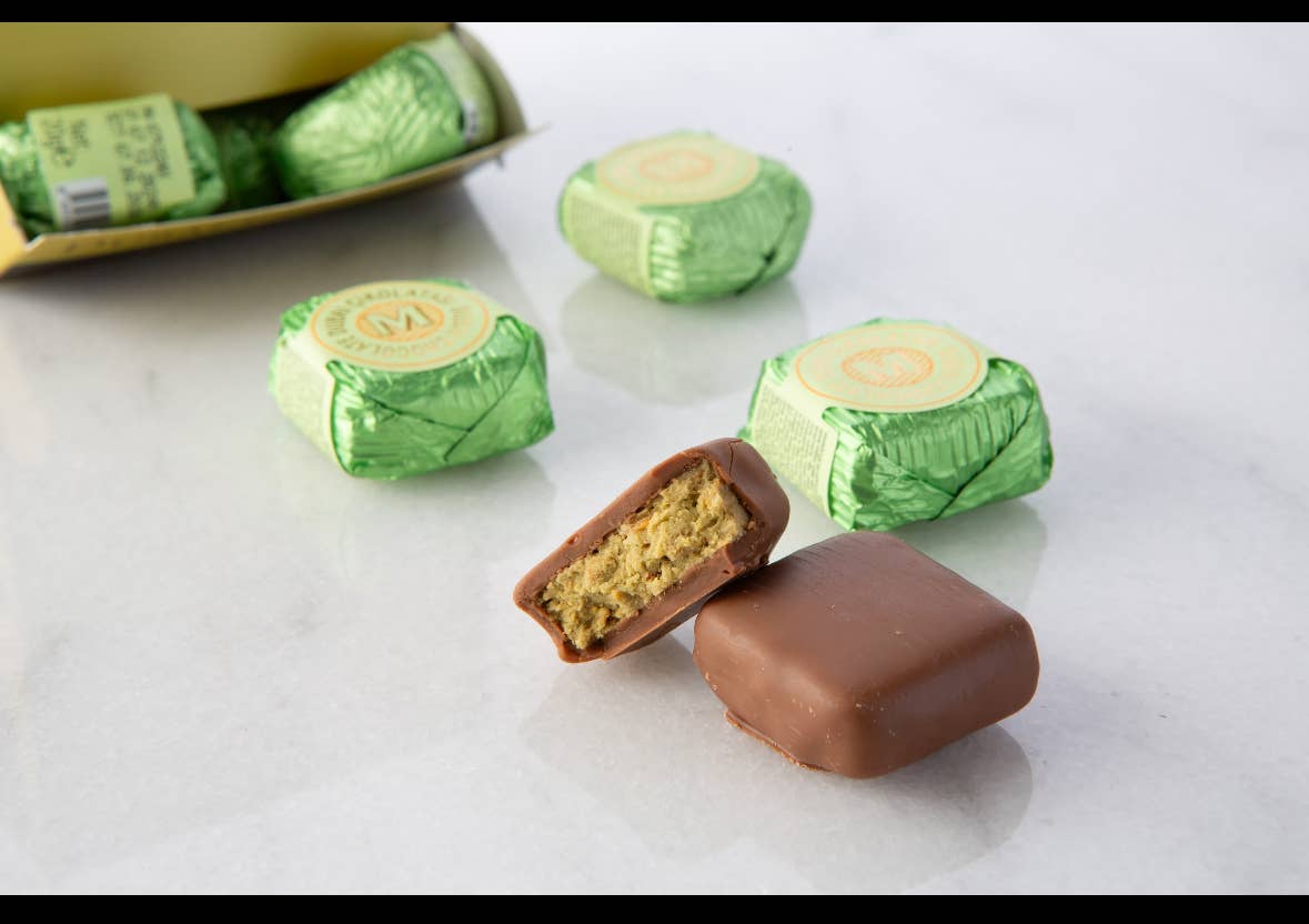 Dubai Chocolate wrapped in green foil.