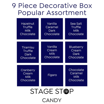 Chart of 9-piece decorative box popular assortment with chocolate flavors and Stage Stop Candy branding.