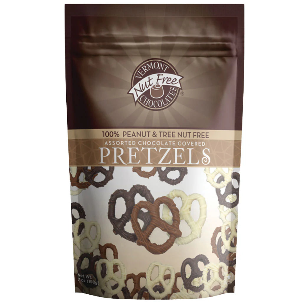 Vermont Nut Free Assorted Chocolate Covered Pretzels. 7 Ounce bag.