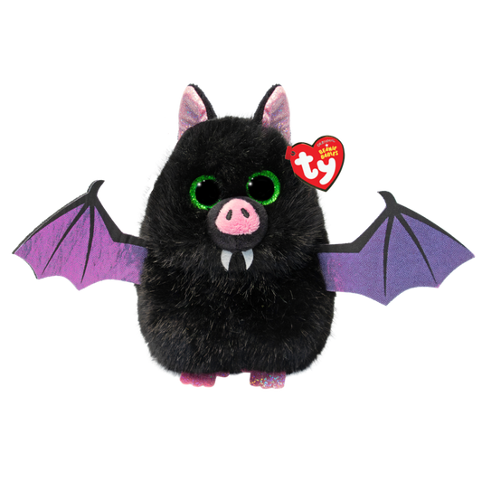 Black bat Beanie Baby with green eyes, a pink nose, white fangs and purple wings.