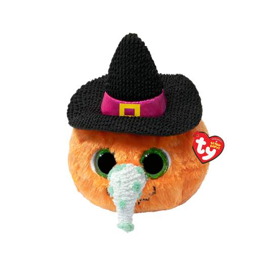 Orange pumpkin Beanie Baby with green eyes and a black witch hat with a pink band.