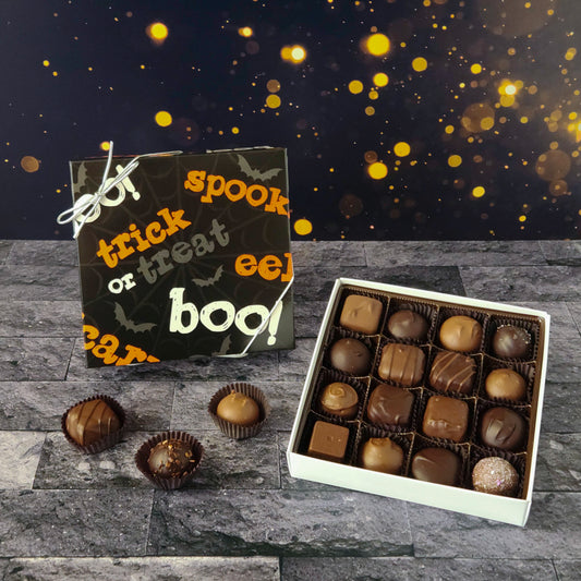 This fun Halloween Assortment is available in 9-piece or 16-piece boxes, featuring a mix of milk and dark chocolate truffles, creams, caramels, and meltaways.