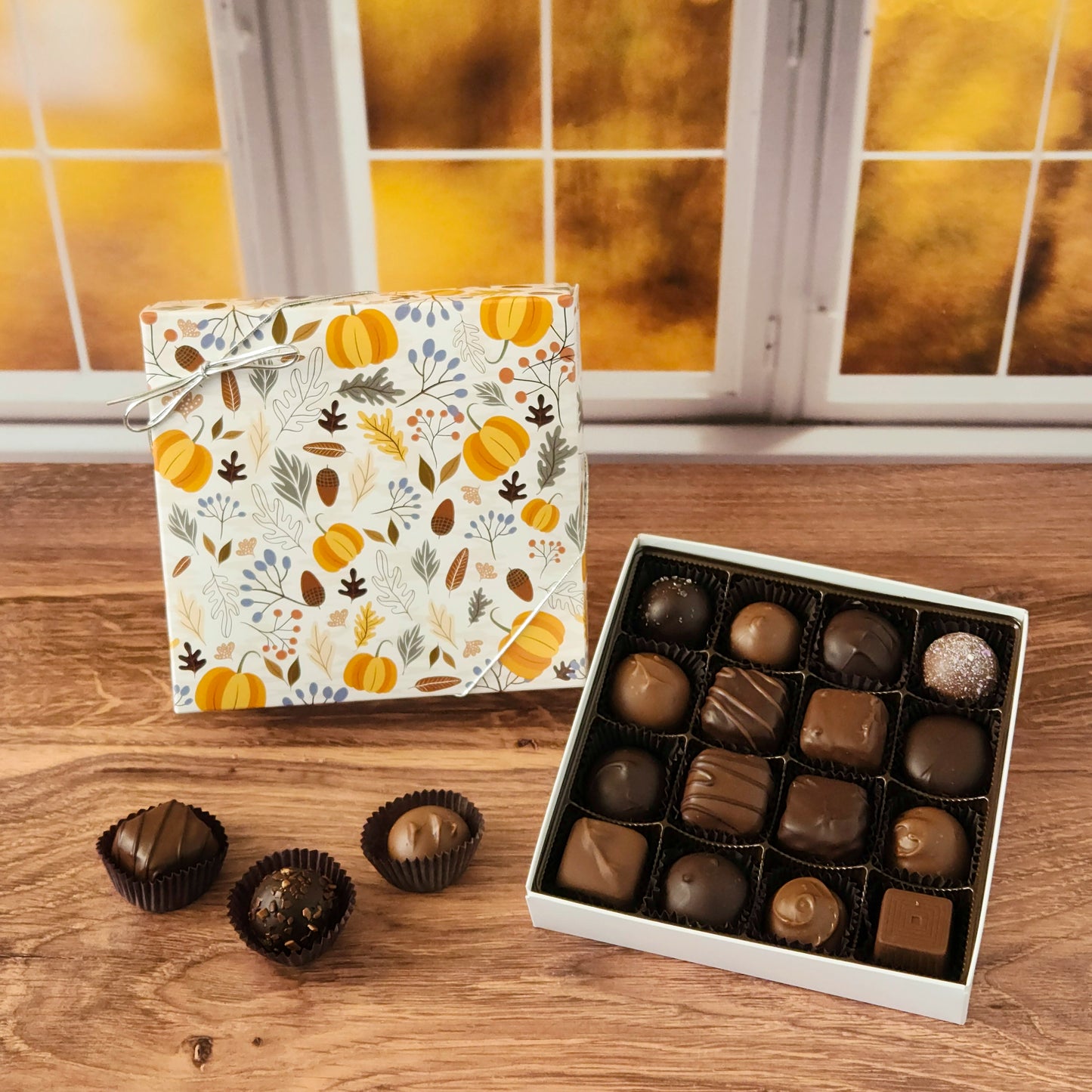 This Autumn Whimsy 16 Piece Assortment filled with some of our most beloved milk and dark chocolate treats.  From smooth, silky creams to gooey caramels, dreamy melt-aways, and rich truffles that melt in your mouth.