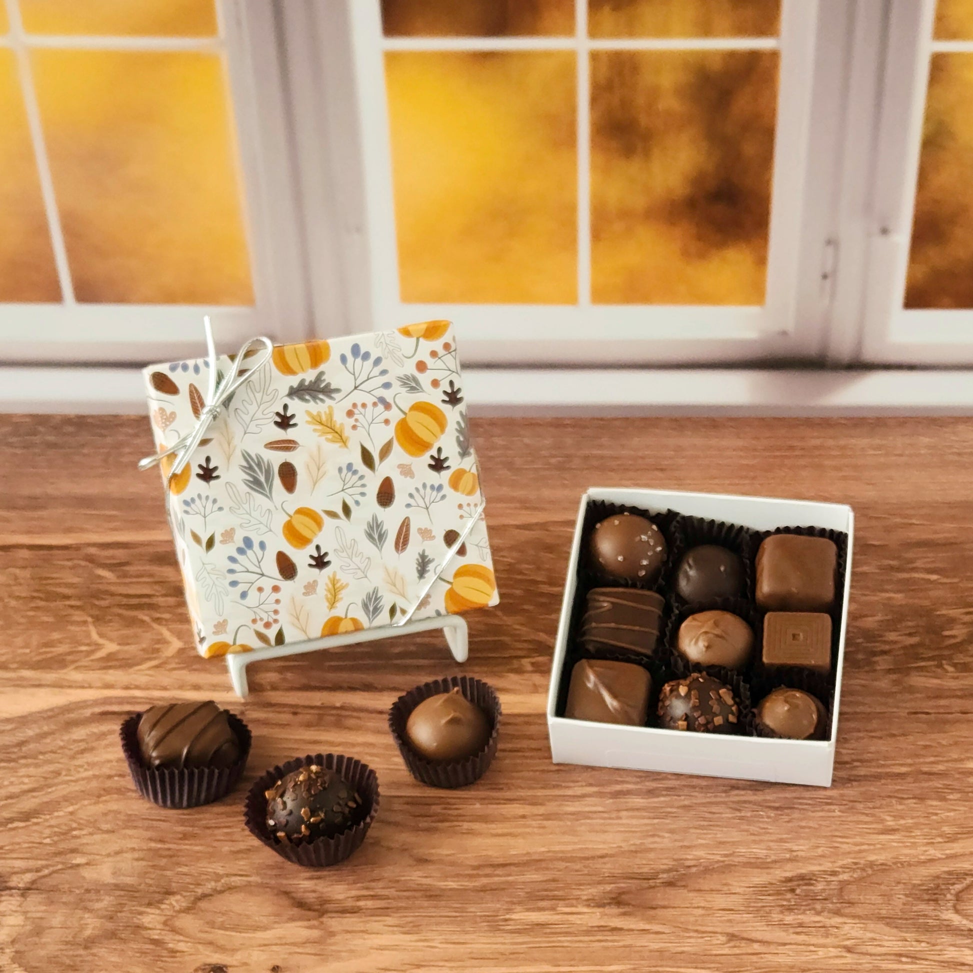 Our Bountiful Harvest Chocolate Assortment filled with some of our most beloved milk and dark chocolate treats.  From smooth, silky creams to gooey caramels, dreamy melt-aways, and rich truffles that melt in your mouth.  Available in 9 or 16 pieces
