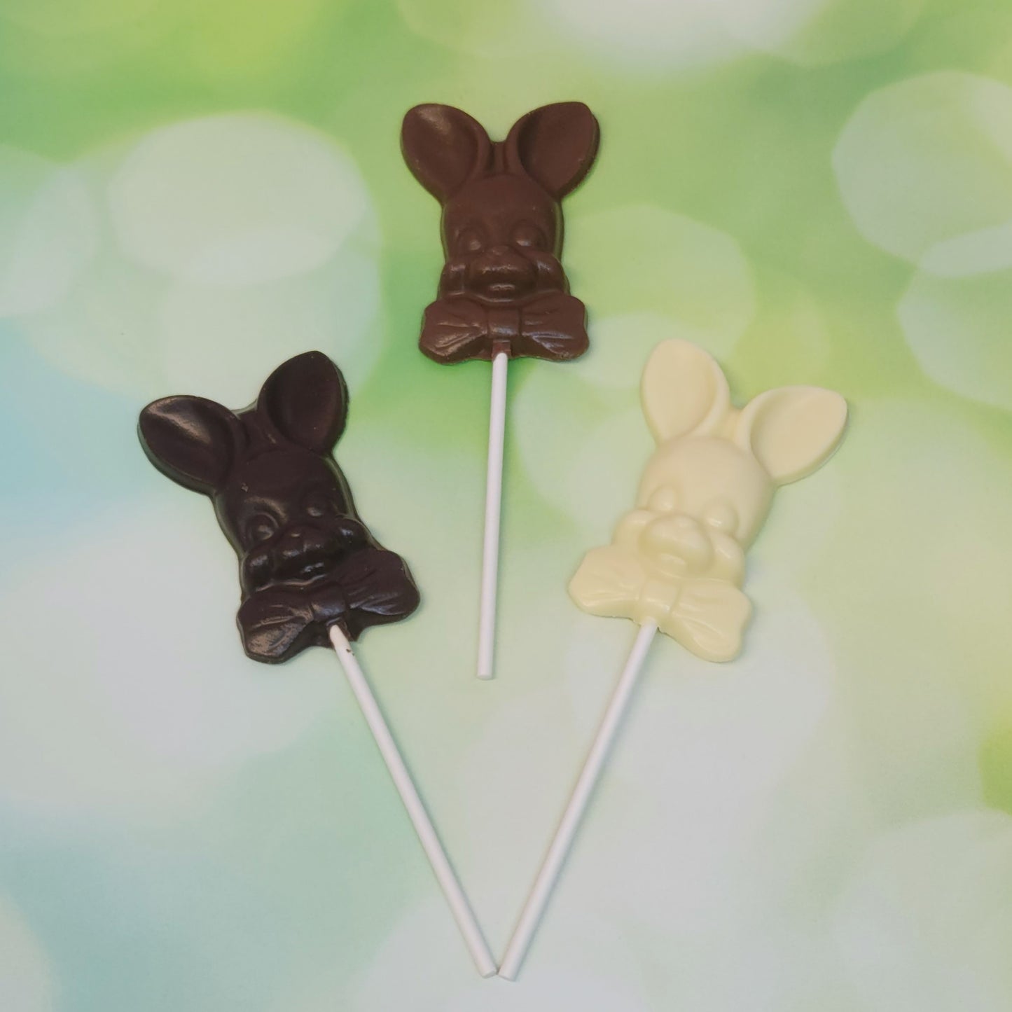 Bowtie bunny lollipop available in milk, dark or white chocolate