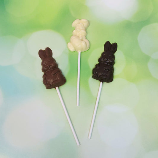 Milk, Dark and white chocolate bunny lollipops