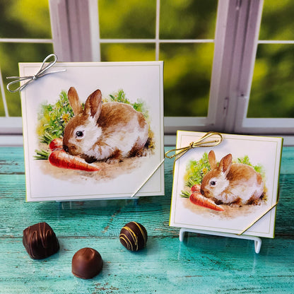 An assortment of our most popular milk and dark chocolate creams, caramels, melt-aways, and truffles all packed inside a box with an adorable bunny sitting in a garden printed on it.