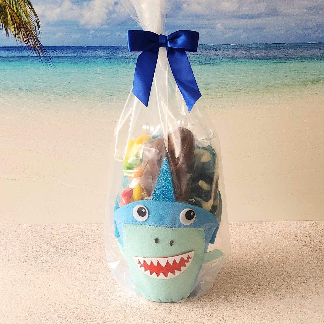 Shark Themed Gift for any Shark Lover. Filled with kids candy and milk chocolate.