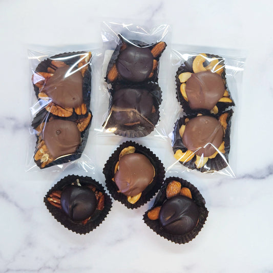Milk or Dark Chocolate Caramel Nut Clusters in 2 count packages