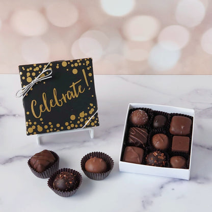 Delight someone special with our Celebrate assortment box - a thoughtfully curated mix of creams, caramels, melt‑aways, and truffles in milk and dark chocolate.
9 Piece box
