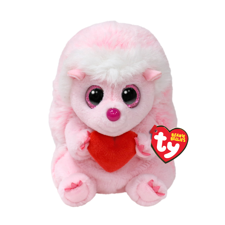 Cheesecake, a pink Ty Beanie Bellies hedgehog plush with sparkly pink eyes, holding a red heart, with a Ty heart tag
