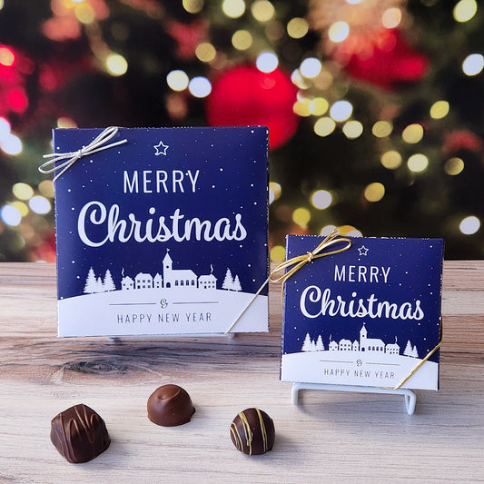 An assortment of our most popular milk and dark chocolate creams, caramels, melt-aways, and truffles all packed inside a box with a snow covered town and the words Merry Christmas and Happy New Year printed on the cover.