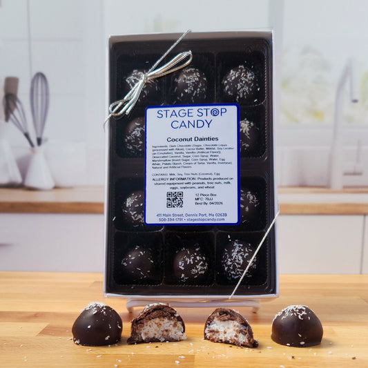Dark chocolate coconut dainties.  12 piece box