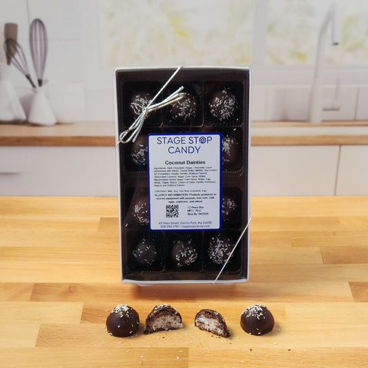 Dark chocolate coconut dainties.  available in a 12 piece box.