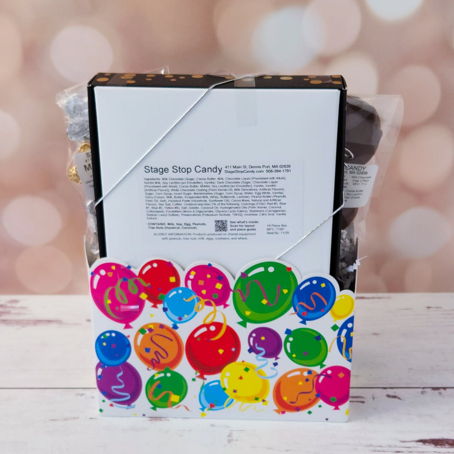 Make life’s big moments even sweeter with our Celebrate Gift Basket!
Inside, you’ll find a mix of gold and silver foiled milk chocolate stars, two chocolate-covered Oreo cookies, and classic milk chocolate nonpareils. A milk chocolate card that says “Congratulations”, dark chocolate-covered cranberries and a luxurious 16-piece assortment of creams, caramels, meltaways, and truffles. All overwrapped with a bow and ready for gifting!