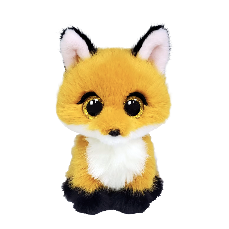 Copper, an orange Ty Beanie Baby fox plush with a white chest, black-tipped ears and paws, and sparkly gold eyes