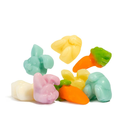 Hop into spring with our Cottontail Gummi mix! Packed in a 6-ounce clear bag, this festive assortment features pastel bunny heads, fluffy bunny butts, and playful carrots, making it the perfect treat for Easter baskets, spring parties, or just a fun seasonal snack.