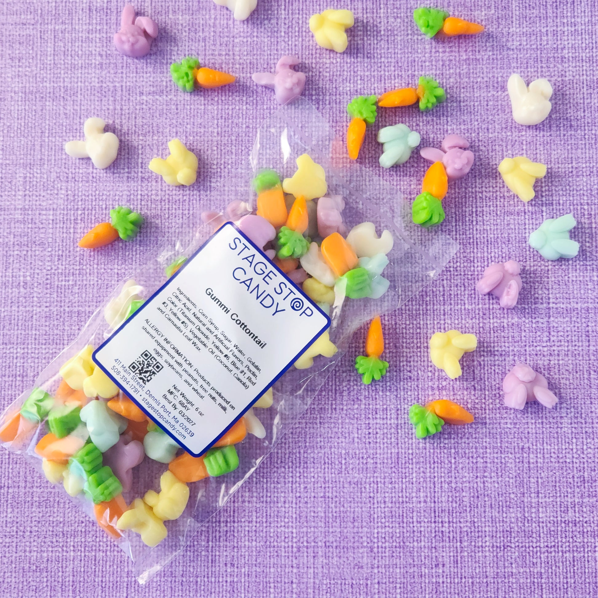 Hop into spring with our Cottontail Gummi mix! Packed in a 6-ounce clear bag, this festive assortment features pastel bunny heads, fluffy bunny butts, and playful carrots, making it the perfect treat for Easter baskets, spring parties, or just a fun seasonal snack.