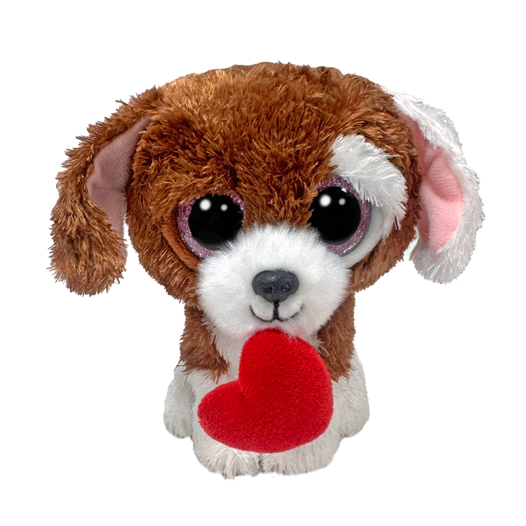 Cuddles, a brown and white Ty Beanie Boo puppy plush with big sparkly eyes and a red heart in her mouth