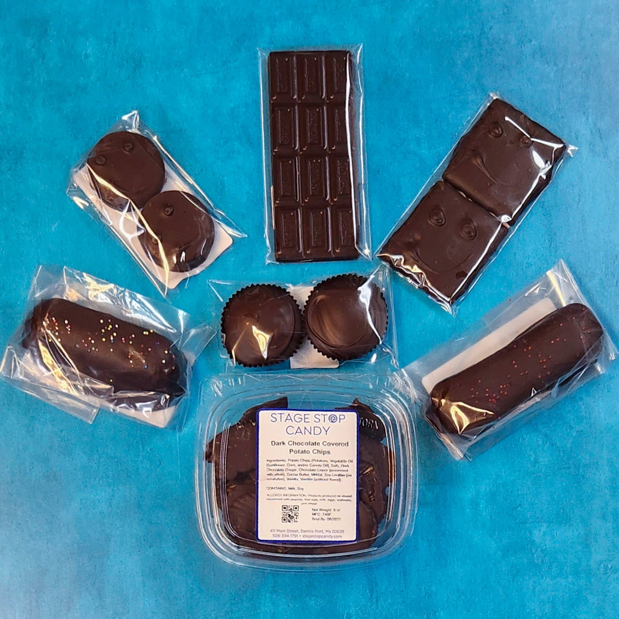 Dark Chocolate Snack Lovers Care Package.  
Inside you will find Chocolate Covered Potato Chips, handmade Dark Chocolate Peanut Butter Cups, Chocolate Covered Oreo Cookies, a rich Dark Chocolate Bar, a Chocolate Dipped Twinkie, a Chocolate Dipped Devil Dog, and crisp Chocolate Covered Graham Crackers.