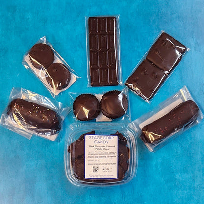 Dark Chocolate Snack Lovers Care Package.  
Inside you will find Chocolate Covered Potato Chips, handmade Dark Chocolate Peanut Butter Cups, Chocolate Covered Oreo Cookies, a rich Dark Chocolate Bar, a Chocolate Dipped Twinkie, a Chocolate Dipped Devil Dog, and crisp Chocolate Covered Graham Crackers.