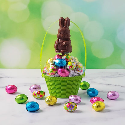 Basket With Foiled Chocolate Eggs And Pop