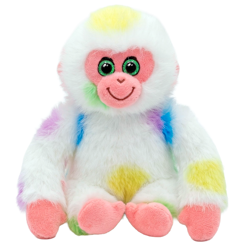 Flo, a fluffy white Ty Beanie Baby plush covered in pastel polka dots, with a pink face, pink paws and sparkly green eyes