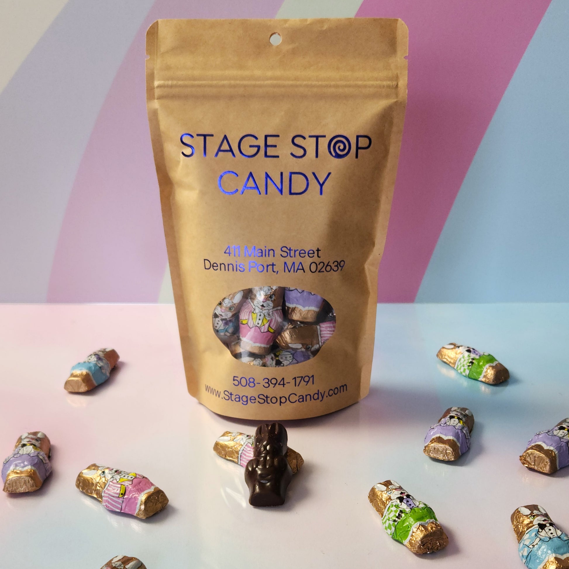 A holiday chocolate staple. Chocolate bunnies individually wrapped in colorful foil. A treat to enjoy with friends. Each bag has 7 ounces of our delicious foiled chocolate and is available in either milk or dark chocolate.