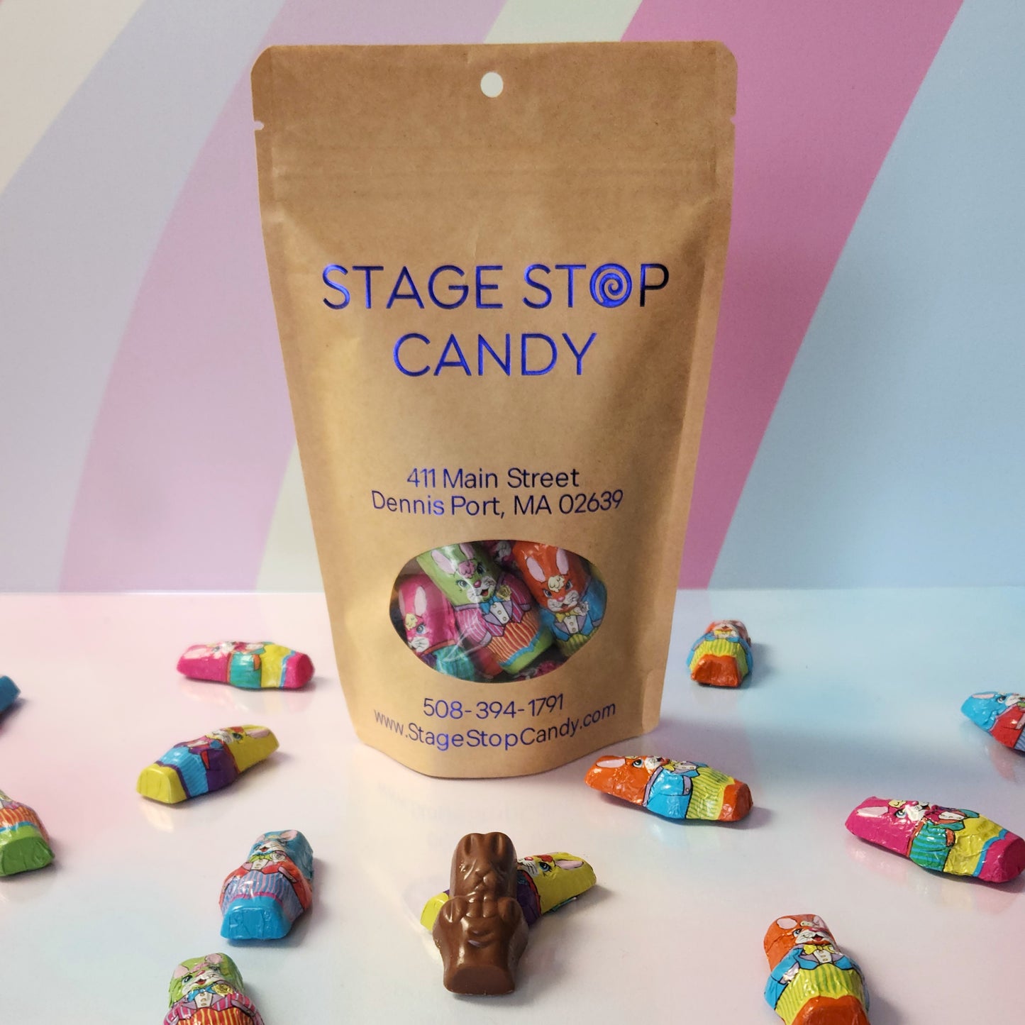 A holiday chocolate staple. Chocolate bunnies individually wrapped in colorful foil. A treat to enjoy with friends. Each bag has 7 ounces of our delicious foiled chocolate and is available in either milk or dark chocolate.