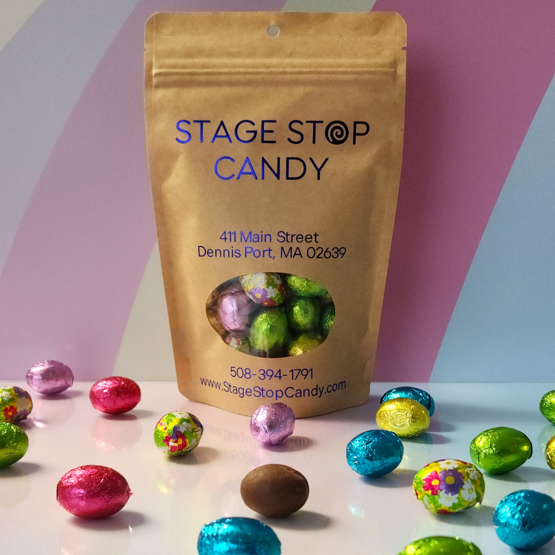 Milk Chocolate eggs individually wrapped in colorful foil. A treat to enjoy with friends. Packed in a 7 ounce bag