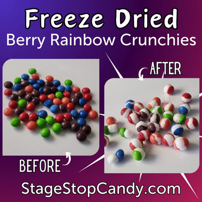 see the difference between berry flavored Rainbow Crunchies before they are freeze dried vs. after being freeze dried. They turn into a sweet crunchy snack.