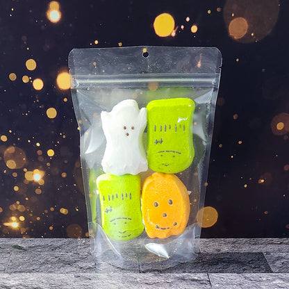 Each clear bag contains 4 vibrantly colored, freeze-dried monster, ghost or pumpkin-shaped marshmallow peeps that are light, crispy, and bursting with flavor.