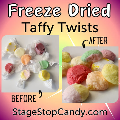 Freeze dried Taffy Twists.  This crunchy, sweet treat is made with freeze-dried salt water taffy for a bold, irresistible flavor.  Each bag is packed to 1 oz.