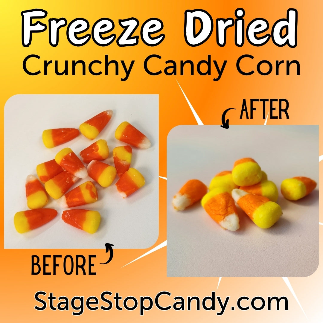 Freeze dried crunchy candy corn.   
This unique candy is packed in a resealable 3-ounce bag to keep every piece fresh and crunchy.