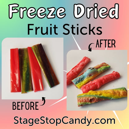 Freeze Dried Fruit Sticks.  These delicious Freeze Dried Fruit Roll-Ups make for a perfect crunchy snack on-the-go. Each bag comes with 4 sticks, giving you a tasty treat for whenever those cravings hit