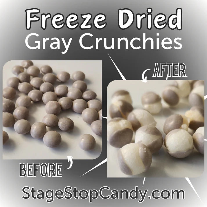 See the difference in our gray rainbow crunchies when you freeze dry them. They go from chewy to crunchy! These colorless grey treats are a blast to eat. 