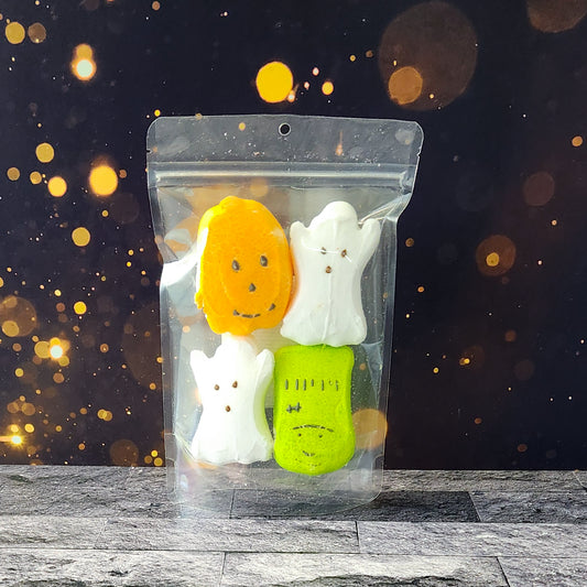 Each clear bag contains 4 vibrantly colored, freeze-dried monster, ghost or pumpkin-shaped marshmallow peeps that are light, crispy, and bursting with flavor.