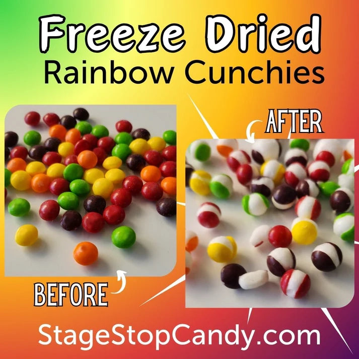 See the difference in what happens when you freeze dry rainbow crunchies. What starts as a chewy candy quickly becomes a crunchy ball of flavor.