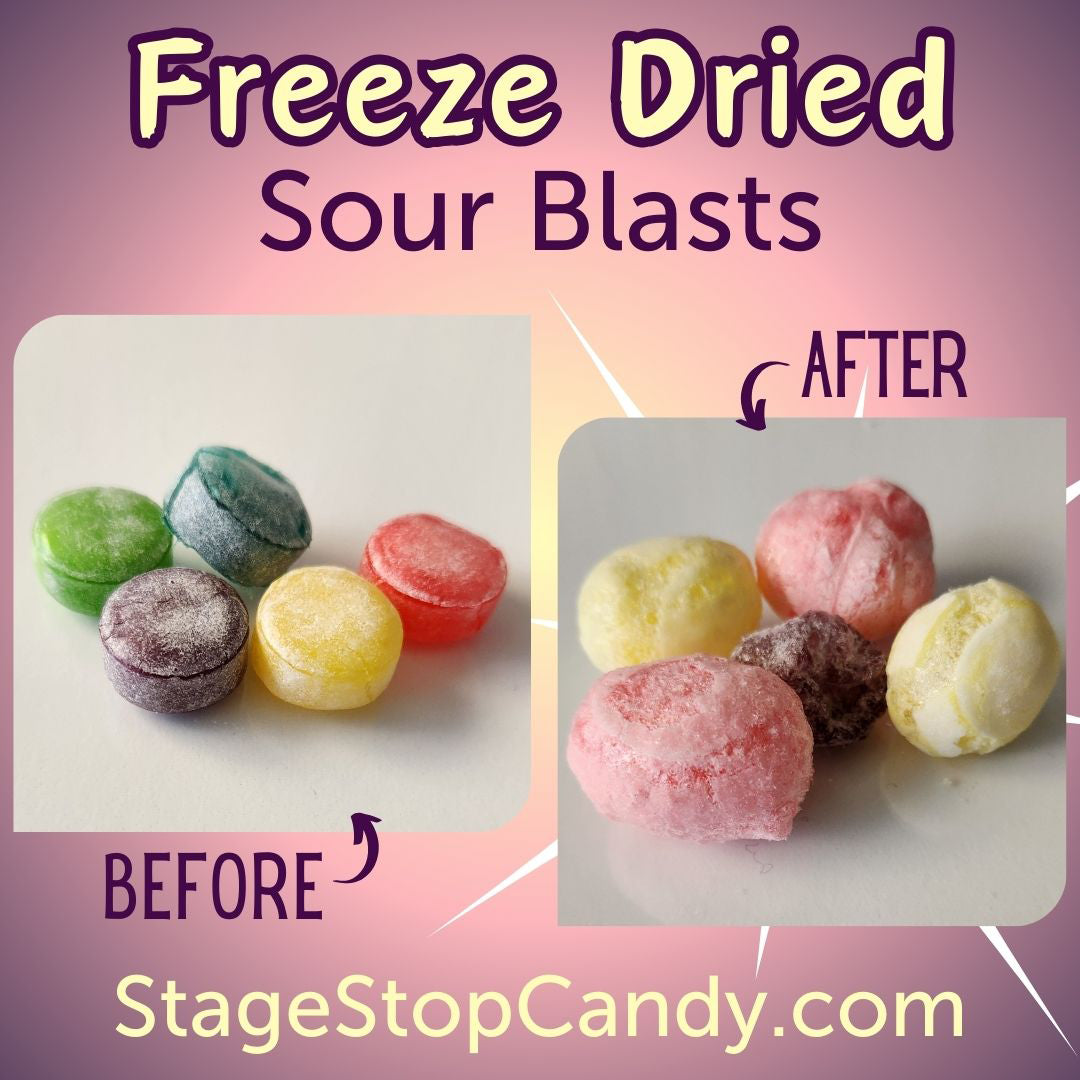 See the difference when we freeze dry our Sour Blasts! What starts as a hard candy, puffs out to a super crunchy sour candy.
