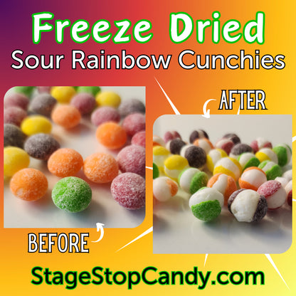 See the transformation with our Freeze dried sour rainbow crunchies. They start chewy but after being freeze dried these become a blast of sour flavor in each crunchy bite.