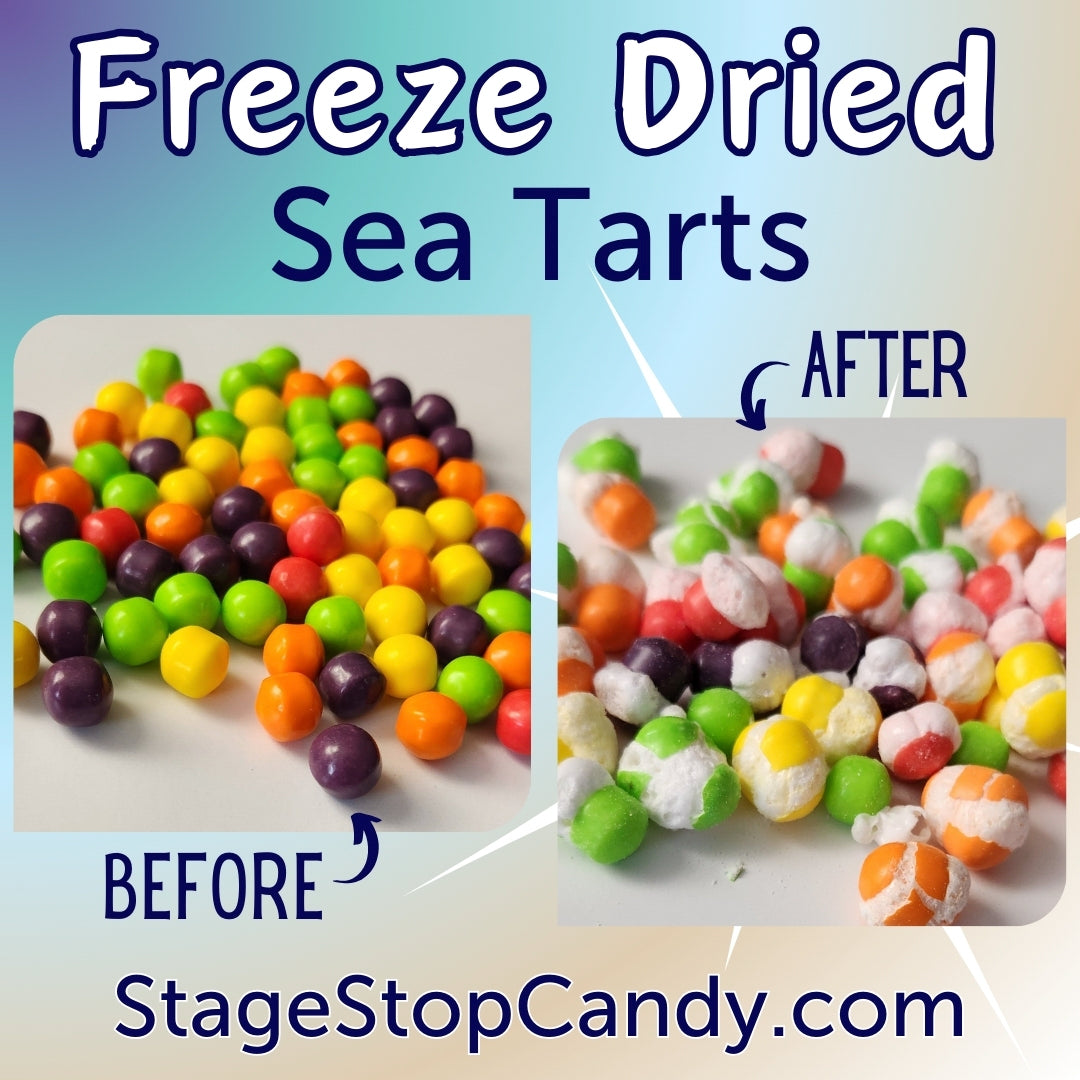 Freeze Dried Sea Tarts.  Each 3-ounce bag is packed with crunchy freeze dried candy pieces that offer a satisfying texture and an explosion of tart fruitiness.  Available in an assortment of flavors including cherry, grape, lemon, apple, and orange