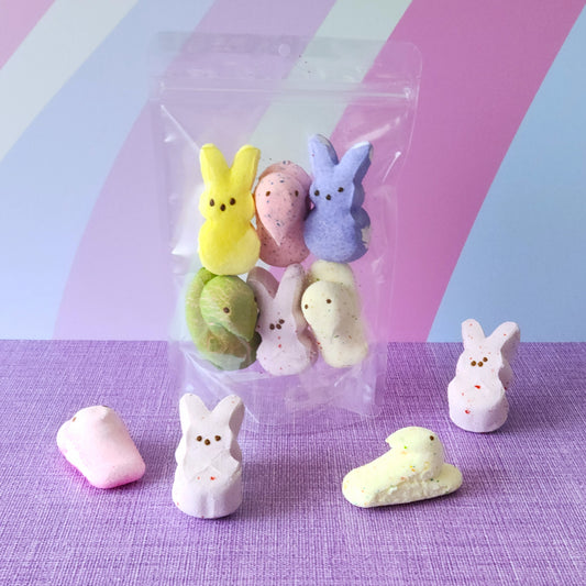 A new way to experience an Easter favorite! Freeze-dried marshmallow peeps in bunny and chick shapes
