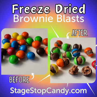 Delicious M & M Brownies freeze dried into a crunchy chocolatey treat!