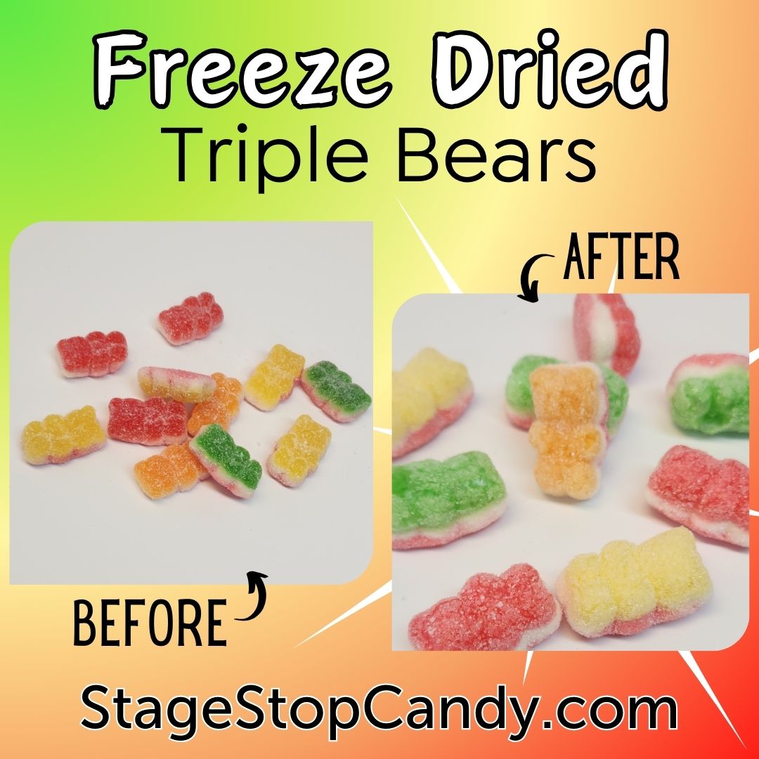 See the changes in the Sour Triple Gummy Bears before  and after they are Freeze Dried. Once they are Freeze Dried they puff out and become a firm crunchy candy.