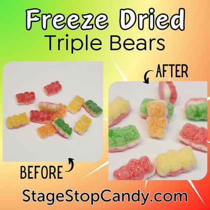 See the changes in the Sour Triple Gummy Bears before  and after they are Freeze Dried. Once they are Freeze Dried they puff out and become a firm crunchy candy.