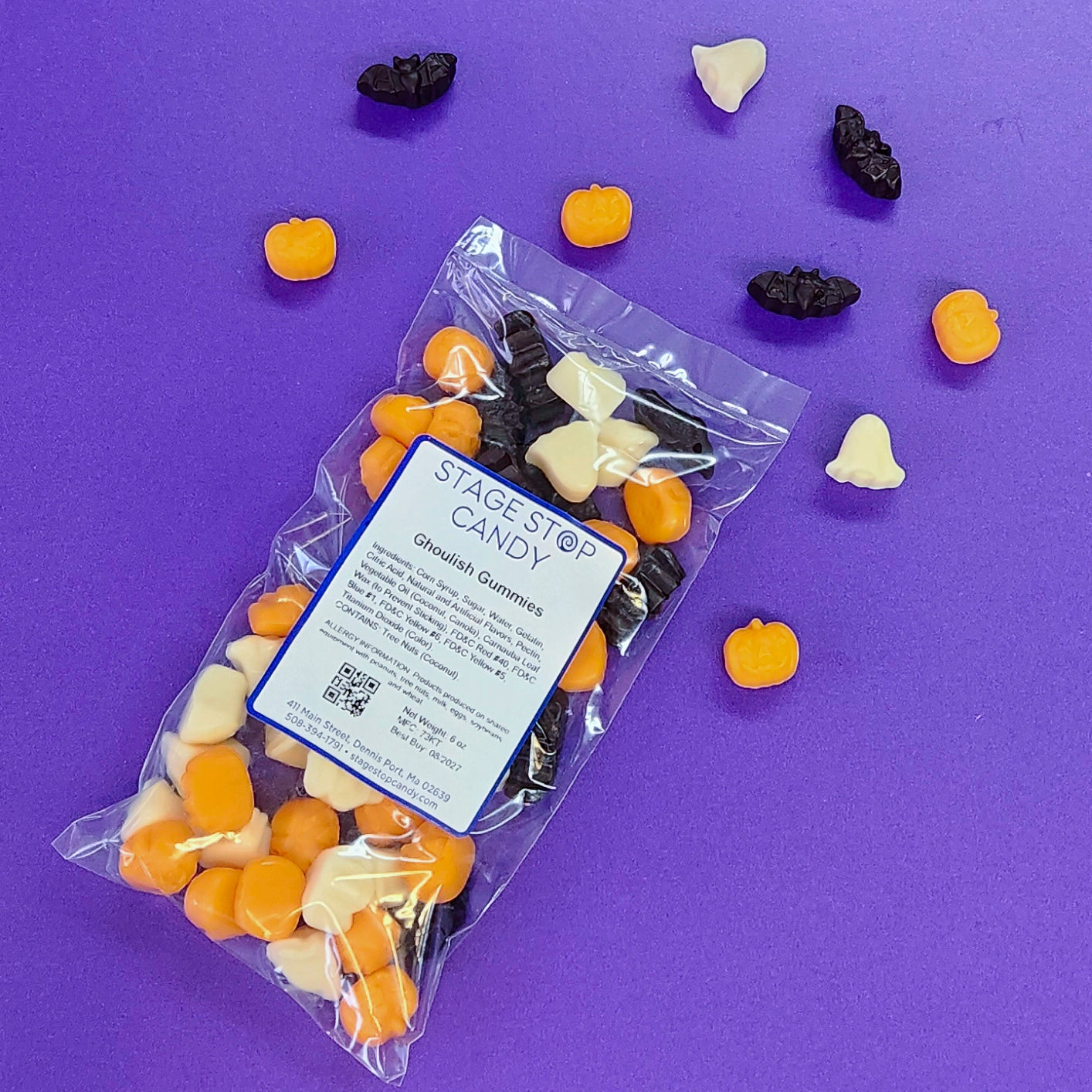 Ghoulish Gummies - Pumpkin, Bat and Ghost Gummies.