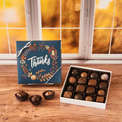 Give thanks 16 Piece Assortment filled with some of our most beloved milk and dark chocolate treats.  From smooth, silky creams to gooey caramels, dreamy melt-aways, and rich truffles that melt in your mouth.