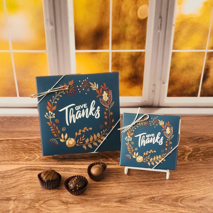 Our Give Thanks Chocolate Assortment is filled with some of our most beloved milk and dark chocolate treats.  From smooth, silky creams to gooey caramels, dreamy melt-aways, and rich truffles that melt in your mouth.  Available in 9 or 16 pieces