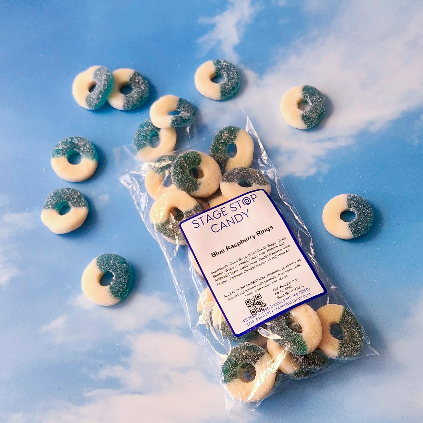 Blue Raspberry Rings. Gummi Candy packed in a 6 ounce bag.