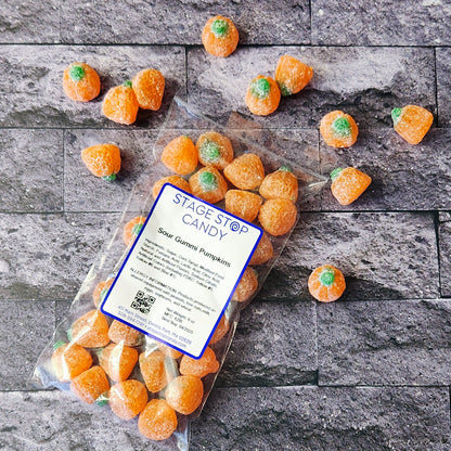 Sour gummi pumpkins packed in a 6 ounce bag.